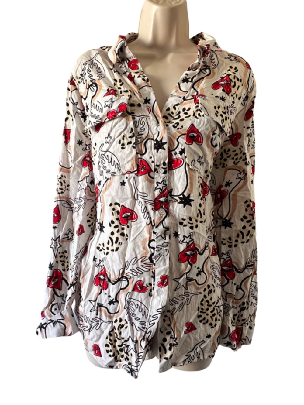 Milk & Honey Button-Down Shirt with Red Heart Print